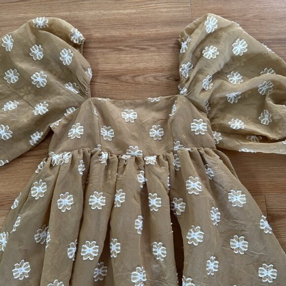 Storia Womens Puff Sleeve Amelia Mini Dress S Tan Floral Spring Babydoll Easter - Picture 4 of 8